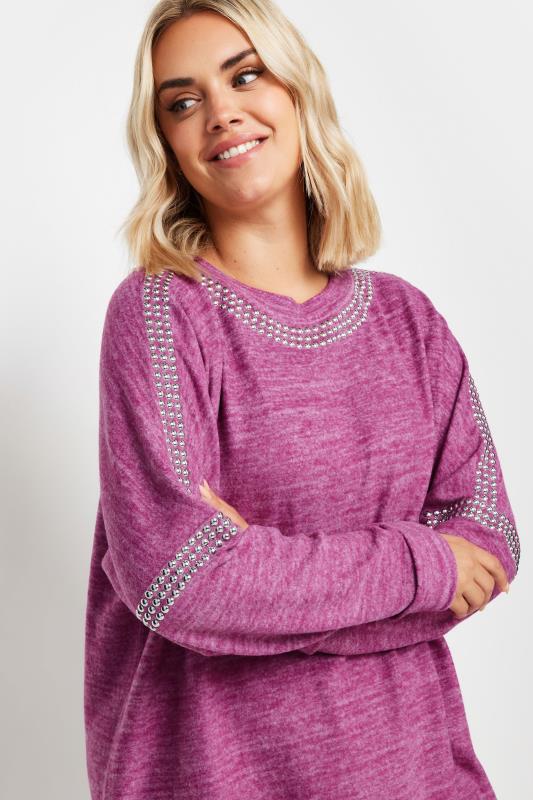 YOURS Curve Purple Marl Stud Neckline Embellished Jumper | Yours Clothing  4