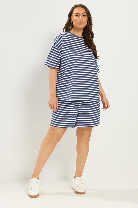 YOURS Plus Size Blue Stripe T-Shirt & Shorts Co-ord | Yours Clothing 1