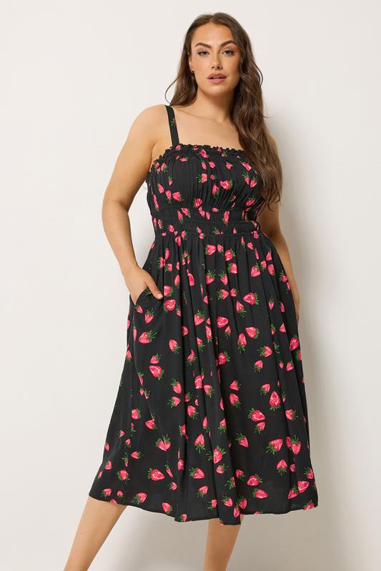 YOURS Plus Size Black Strawberry Print Midi Dress | Yours Clothing 1
