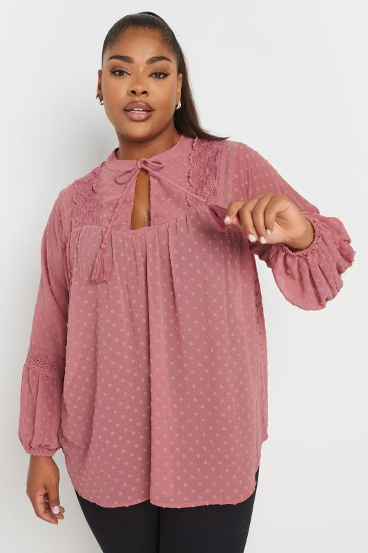 YOURS Plus Size Pink Lace Detail Dobby Blouse | Yours Clothing  2