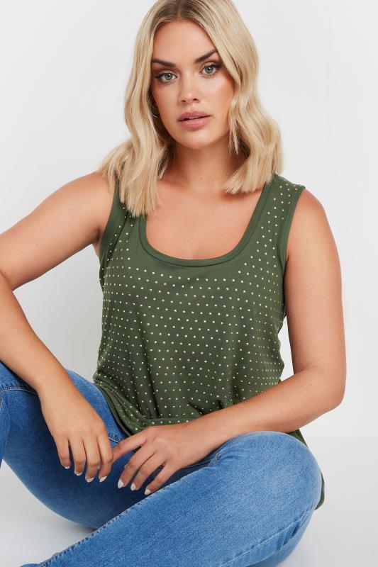 YOURS Curve Khaki Green Studded Vest Top | Yours Clothing 1