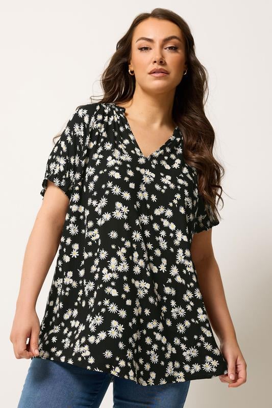 YOURS Curve Black Daisy Notch Neck Blouse