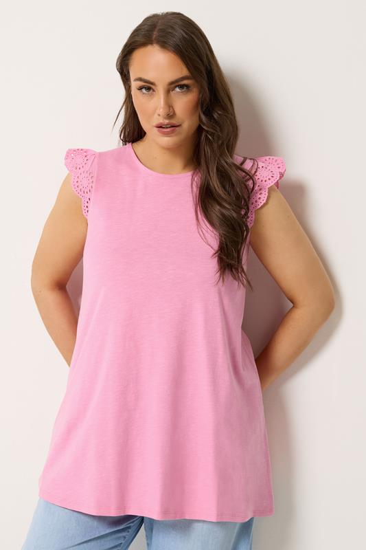 YOURS Plus Size Pink Broderie Frill Vest Top | Yours Clothing 1