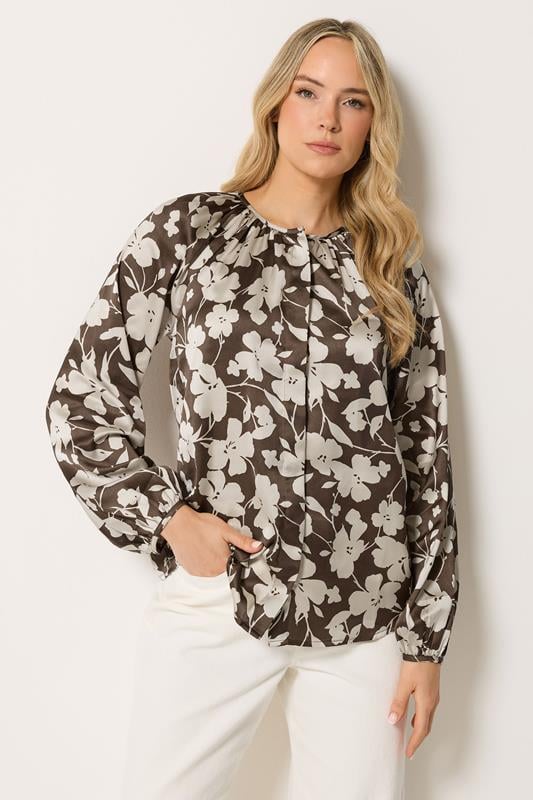  LTS Tall Natural Brown Floral Satin Top