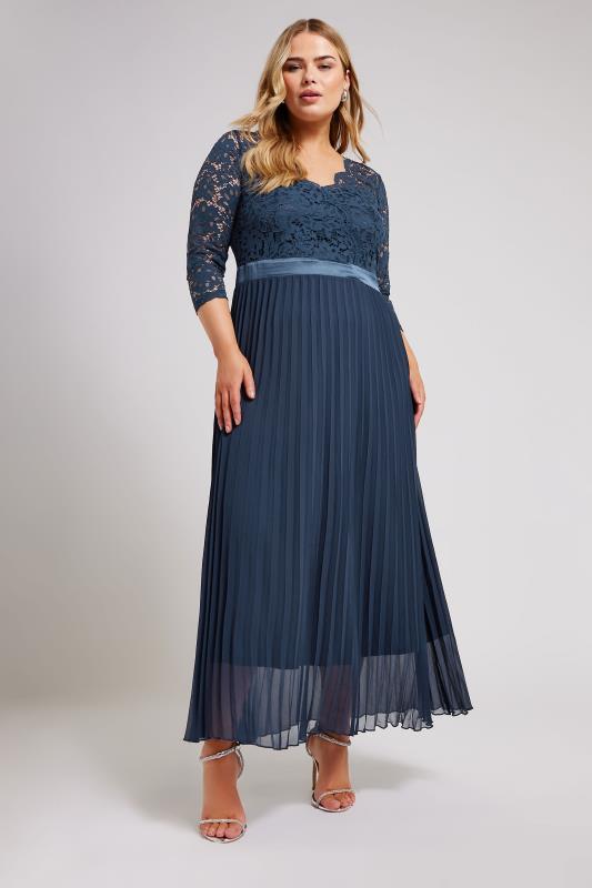 YOURS LONDON Plus Size Navy Blue Lace Wrap Pleated Maxi Dress | Yours Clothing 2