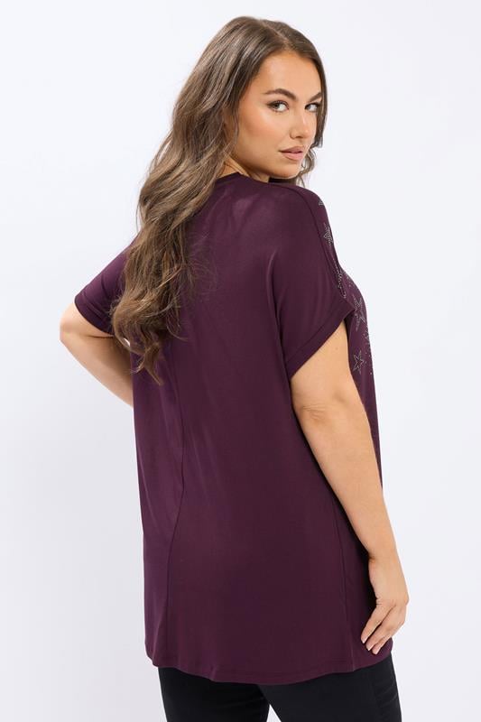 YOURS Curve Purple Star Stud Embellished T-Shirt | Yours Clothing 2