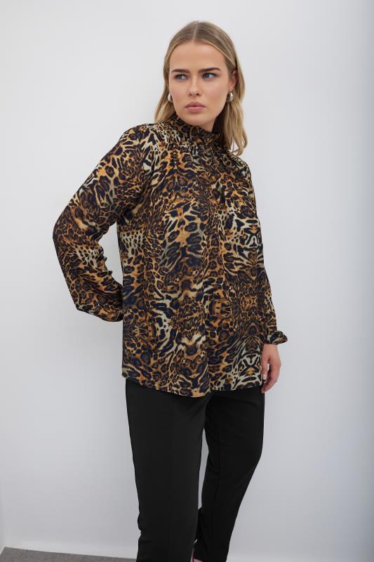 YOURS LONDON Plus Size Brown Animal Print High Neck Blouse | Yours Clothing 1