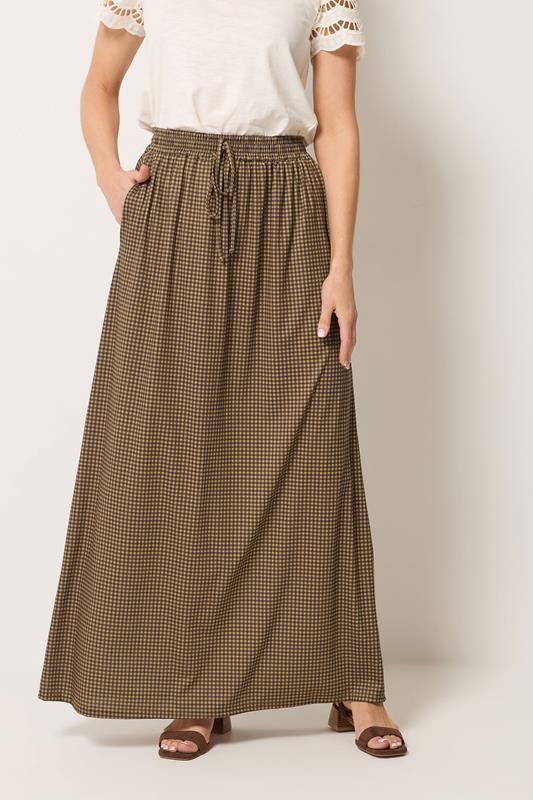 LTS Tall Women's Chocolate Brown Gingham Shirred Maxi Skirt | Long Tall Sally 1