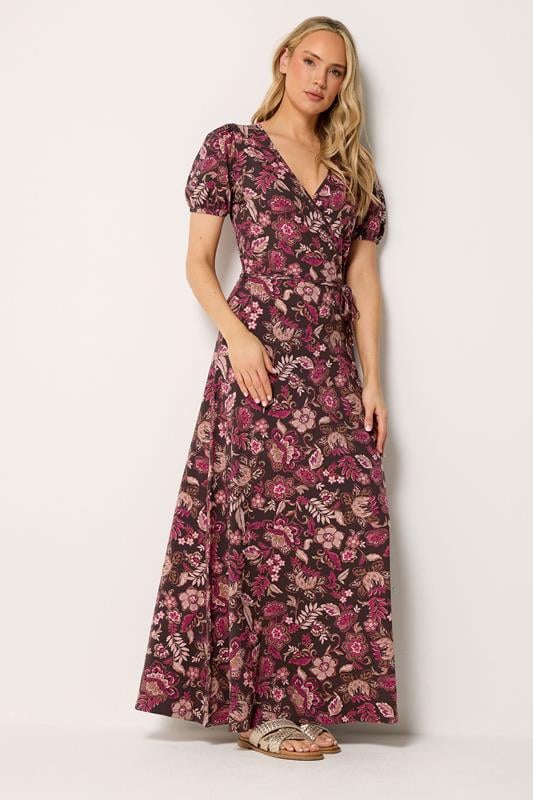  LTS Tall Chocolate Brown & Berry Red Floral Wrap Maxi Dress