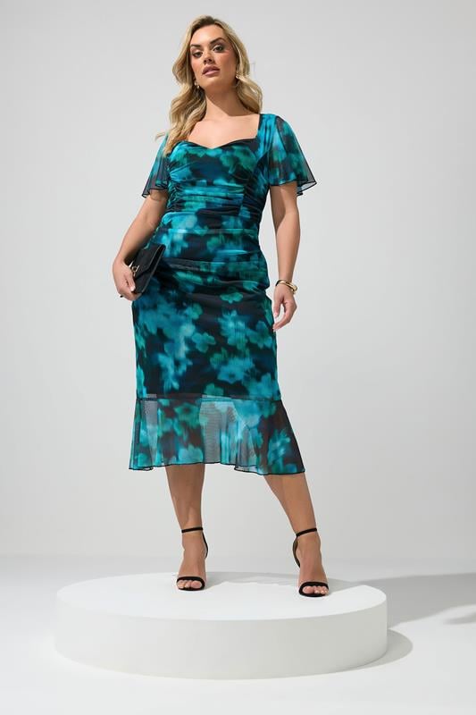  YOURS LONDON Curve Teal Blue Blur Print Gathered Dress