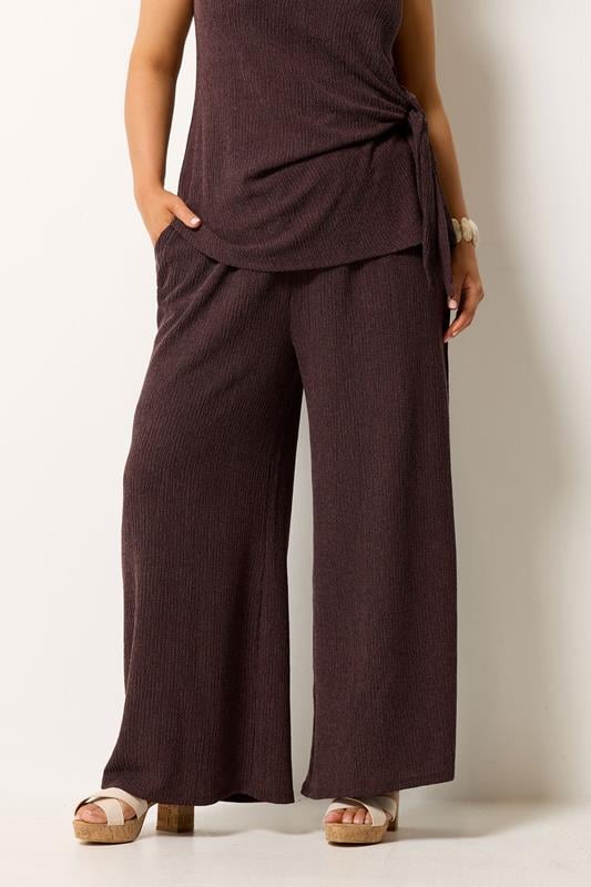 YOURS Plus Size Chocolate Brown Wide Leg Textured Trousers | Yours Clothing 1