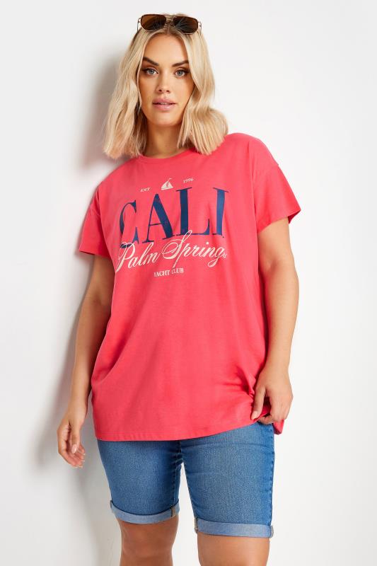 YOURS Plus Size Red 'Cali Palm Springs' Slogan T-Shirt | Yours Clothing 1