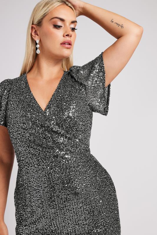 YOURS LONDON Plus Size Silver Sequin Embellished Wrap Dress | Yours Clothing  4