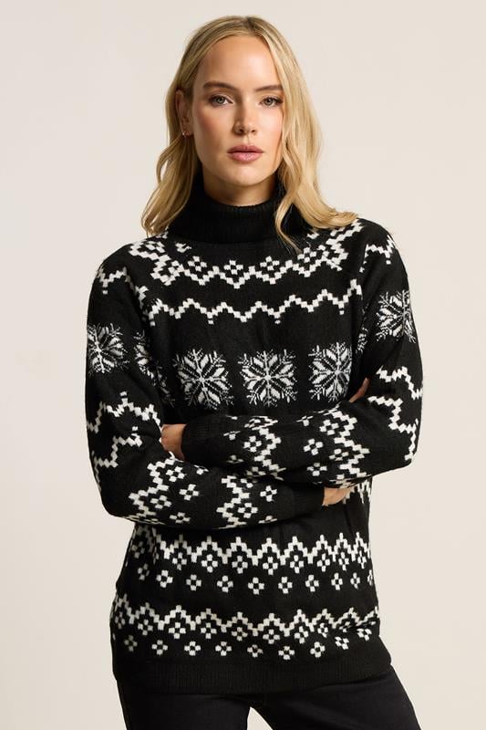 Tall  LTS Tall Black Knitted Snowflake Roll Neck Jumper