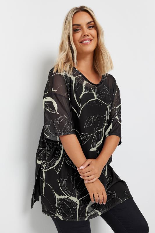 YOURS Plus Size Black Floral Print Oversized Mesh Top | Yours Clothing 1