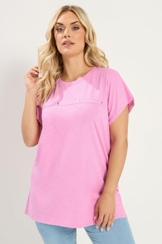 YOURS Plus Size Pink Stud Grown-On Sleeve T-Shirt | Yours Clothing 1