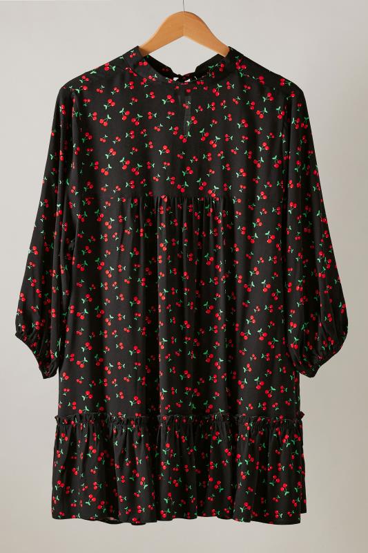 EVANS Plus Size Black Cherry Print Frill Hem Tunic Top | Evans 5