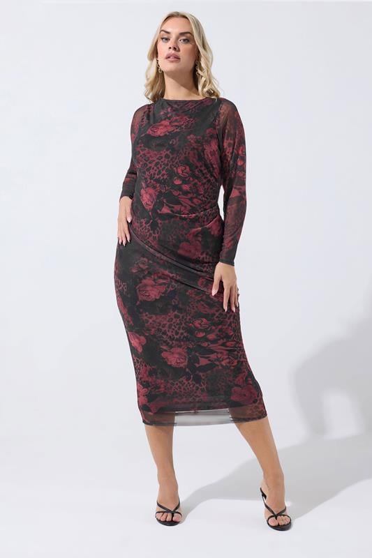  LIMITED COLLECTION Curve Burgundy Red Floral Mesh Midi Dress
