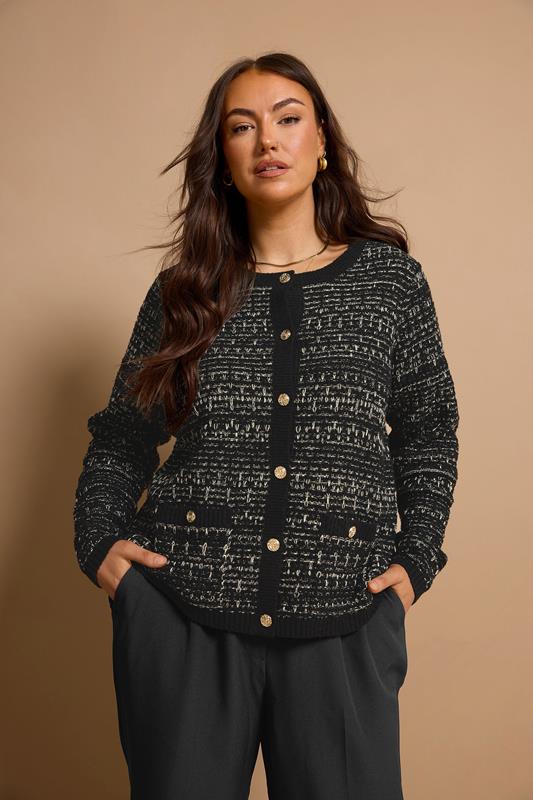 Plus Size  EVANS Curve Black Button Detail Textured Cardigan