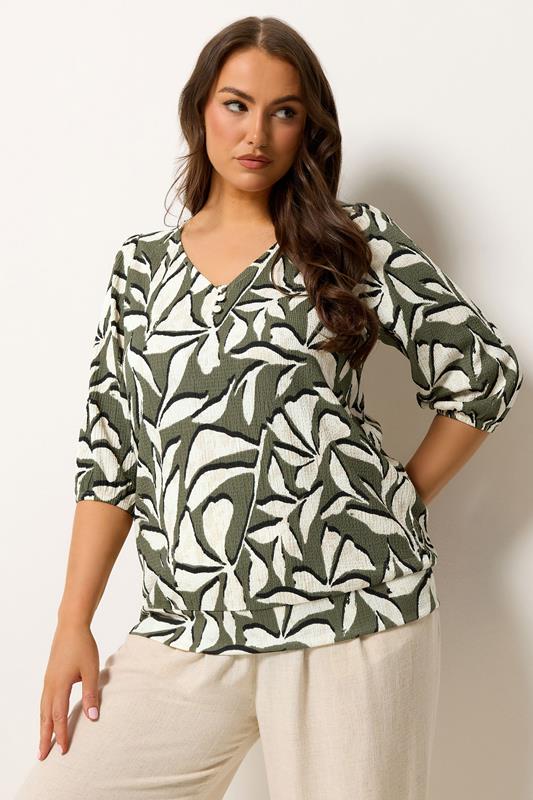 YOURS Plus Size Sage Green & White Leaf Print Puff Sleeve Top | Yours Clothing 1