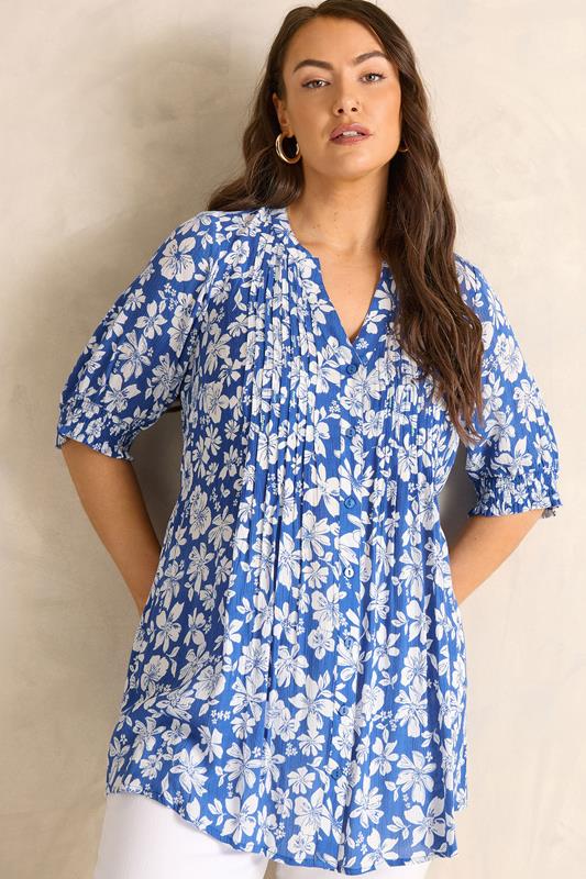  EVANS Curve Blue Floral Pintuck Blouse