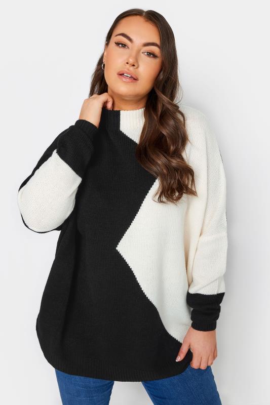 Plus Size  YOURS Curve Black & White Colourblock Knitted Jumper