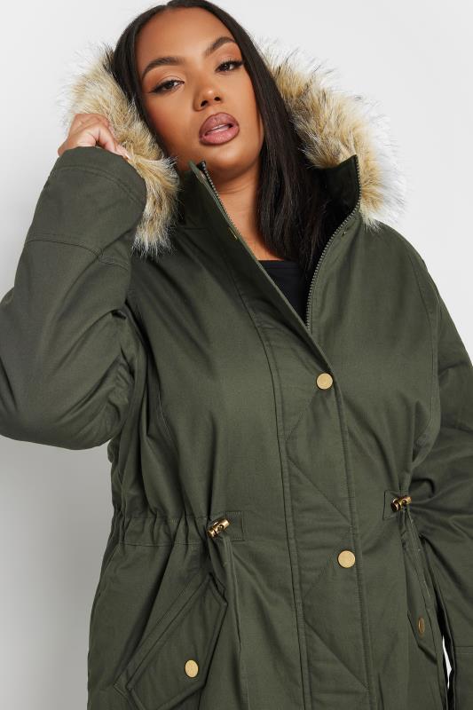 YOURS Plus Size Khaki Green Faux Fur Trim Parka Coat | Yours Clothing 4