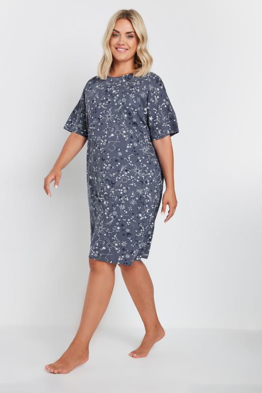 YOURS Plus Size Blue Celestial Print Sleep Tee Nightdress | Yours Clothing 1