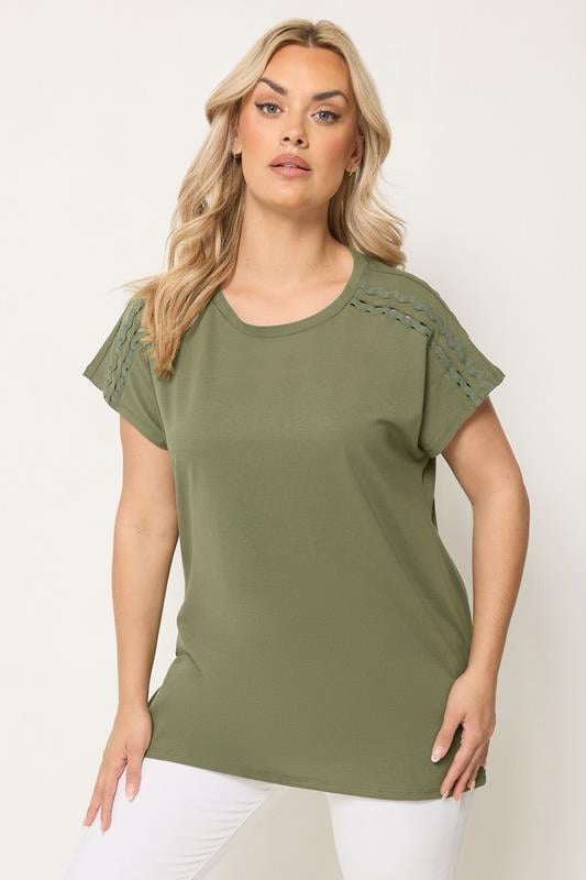 YOURS Plus Size Khaki Green Trim Detail T-Shirt | Yours Clothing 1