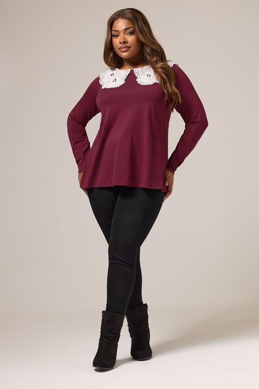 YOURS Plus Size Burgundy Red Broderie Anglaise Oversized Collar Top | Yours Clothing 1