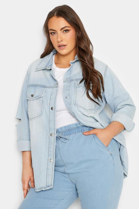 Plus Size Light Blue Western Style Distressed Denim Jacket  | Yours Clothing 4