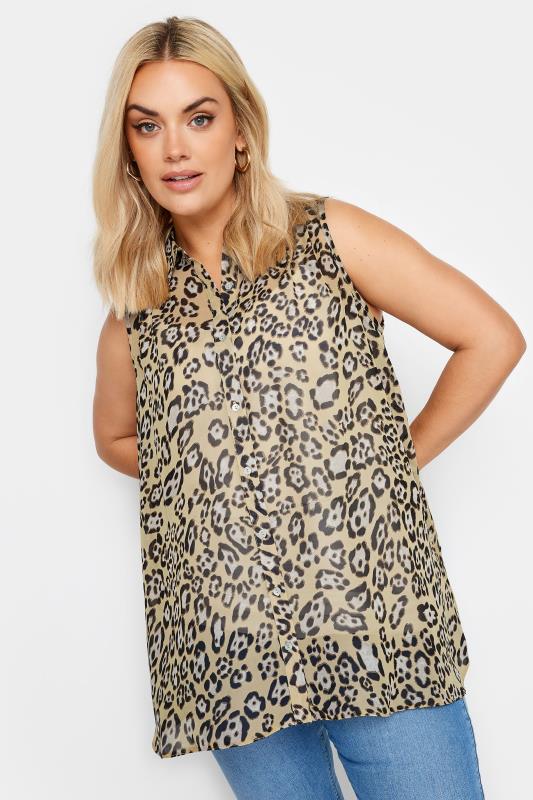 YOURS Plus Size Brown Leopard Print Sleeveless Shirt | Yours Clothing 1