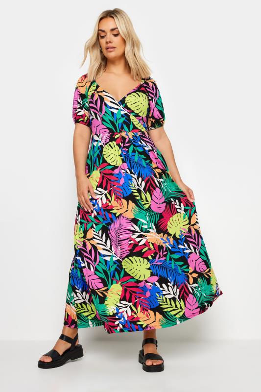 YOURS Plus Size Black Rainbow Leaf Print Wrap Dress | Yours Clothing 2