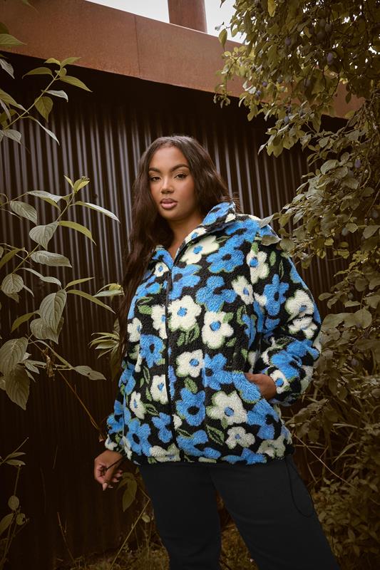 YOURS Plus Size Black & Blue Floral Fleece Jacket | Yours Clothing 6