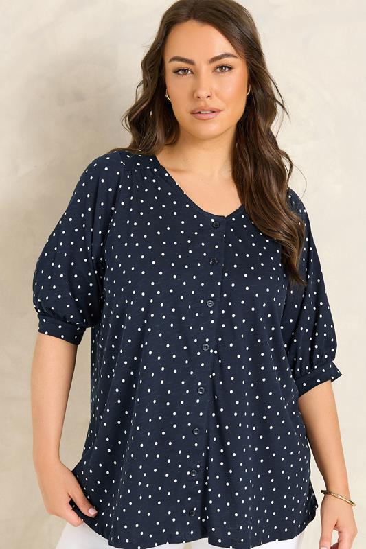  EVANS Curve Navy Blue Polka Dot Cotton Top