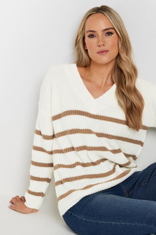 LTS Tall White & Beige Brown V-Neck Stripe Jumper | Long Tall Sally  4