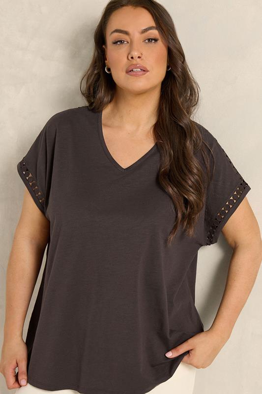  EVANS Curve Chocolate Brown Crochet Trim Cotton V Neck T-Shirt