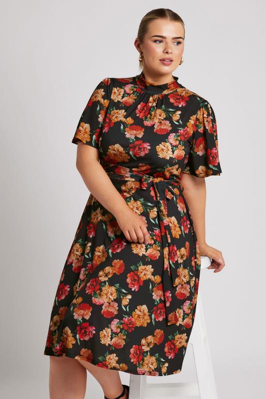 Plus Size  YOURS LONDON Curve Black & Orange Floral Print Skater Dress