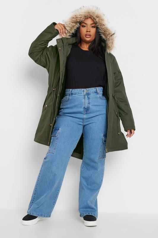 YOURS Plus Size Khaki Green Faux Fur Trim Parka Coat | Yours Clothing 2