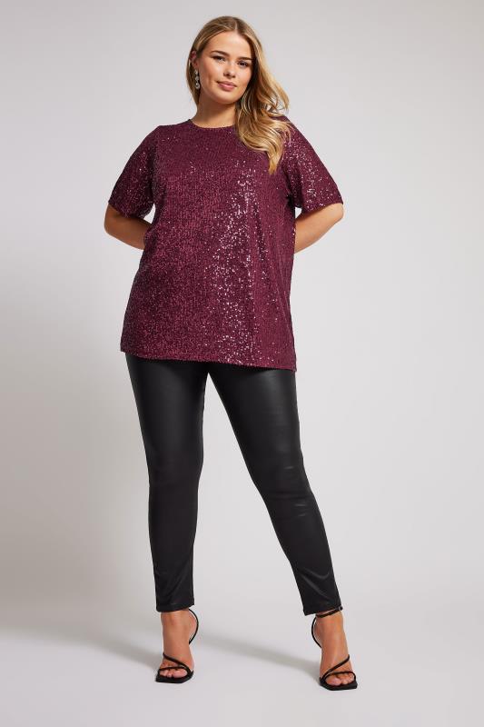 YOURS LONDON Plus Size Burgundy Red Sequin Swing Top | Yours Clothing 2