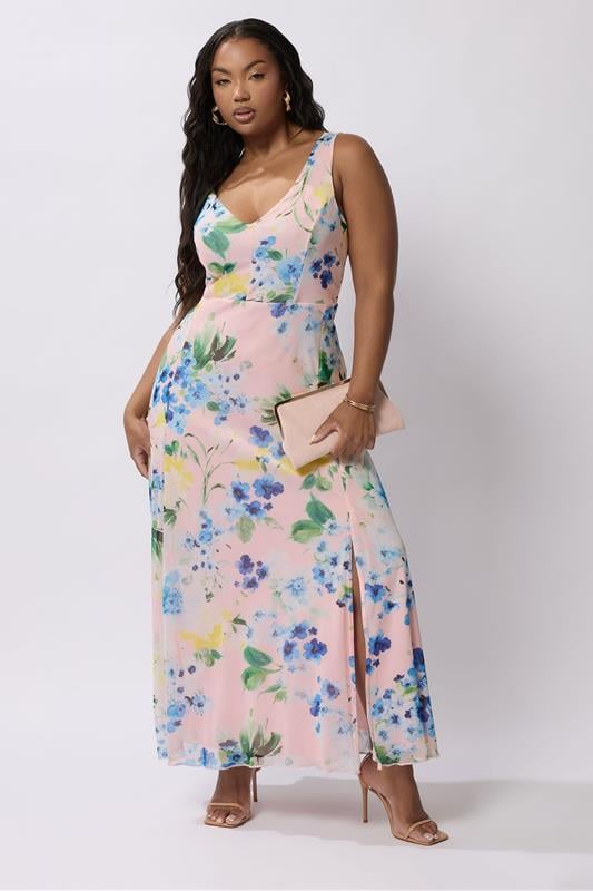 Plus Size  YOURS LONDON Curve Pink Mesh Floral Print Sleeveless Maxi Dress