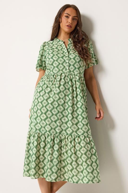  YOURS Curve Green Abstract Half Placket Dress