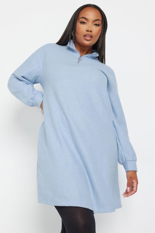 YOURS Plus Size Light Blue Soft Touch Zip Neck Jumper Dress | Yours Clothing 1