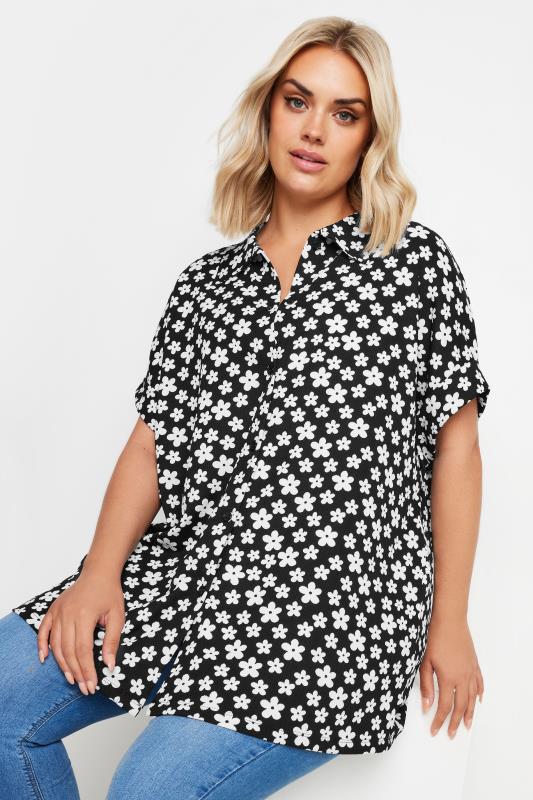 YOURS Plus Size Black Floral Print Short Sleeve Shirt | Yours Clothing 1