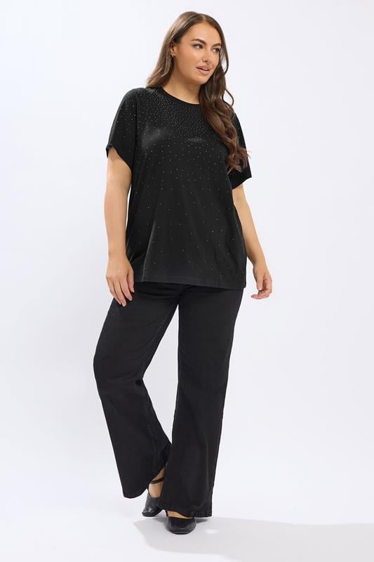 YOURS Plus Size Black Diamante Embellished T-Shirt | Yours Clothing 1