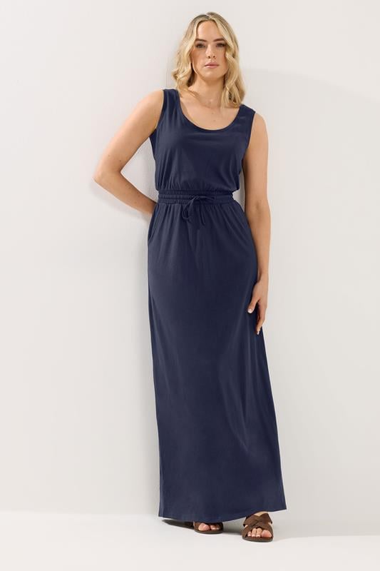  LTS Tall Dark Blue Tie Waist Cotton Maxi Dress