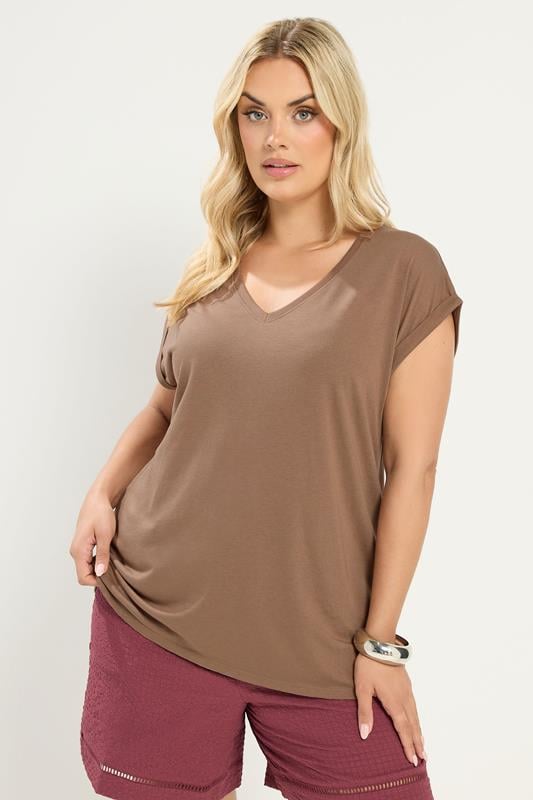  YOURS Curve Natural Brown V-Neck Basic T-Shirt