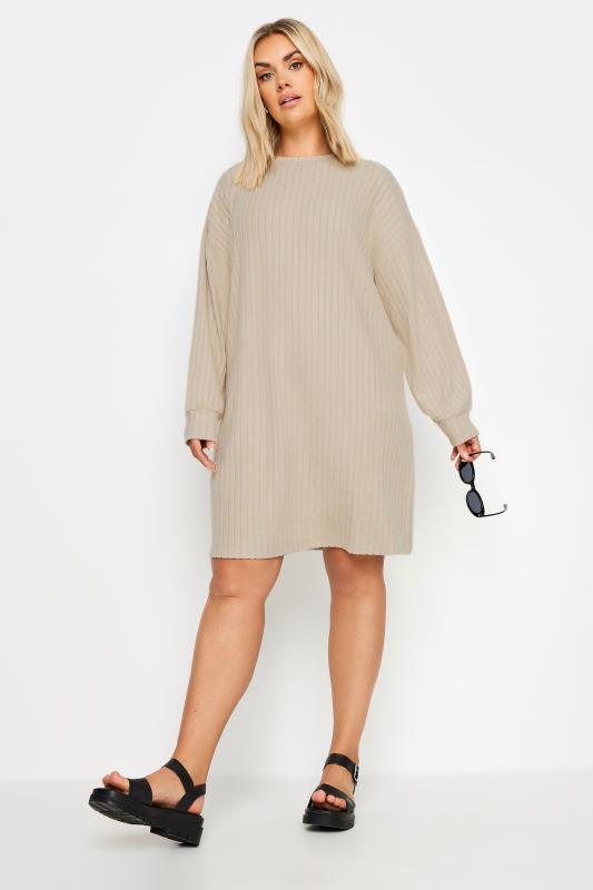 YOURS Plus Size Natural Brown Soft Touch Ribbed Jumper Dress | Yours Clothing  3