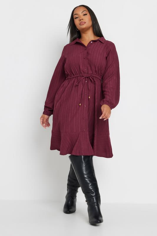 YOURS Plus Size Burgundy Red Textured Stripe Shirt Dress | Yours Clothing 2