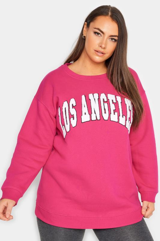 Plus Size  YOURS Curve Pink 'Los Angeles' Embroidered Slogan Sweatshirt